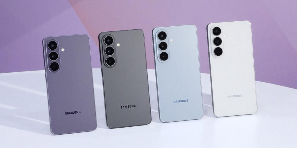 Vier Samsung-Smartphones in Lila, Grau, Hellblau und Weiß nebeneinander auf einer weißen Fläche vor einem hellvioletten Studiohintergrund