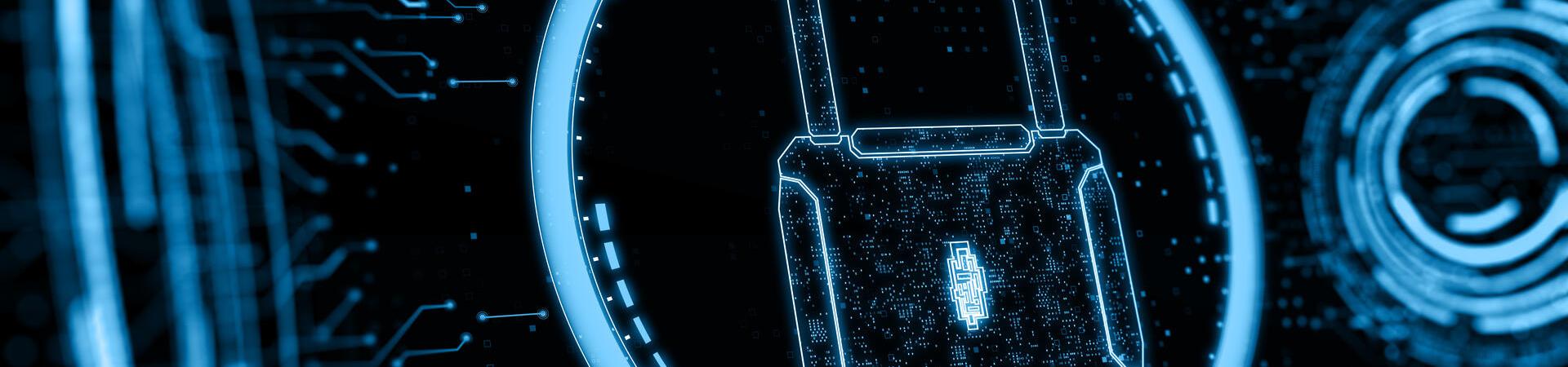 Digitales Vorhängeschloss vor einer abstrakten Netzwerkabbildung
