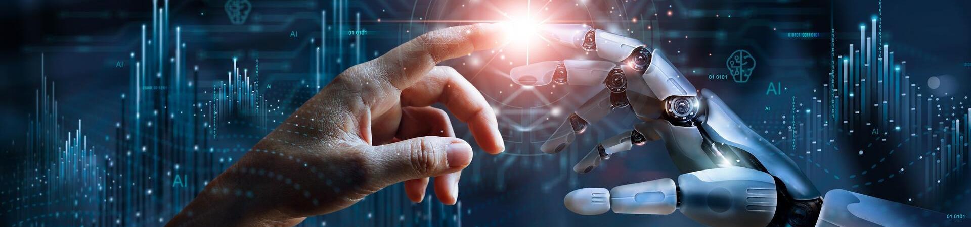 Eine menschliche Hand und eine Roboterhand berühren sich mit den Fingerspitzen vor einem futuristischen Hintergrund