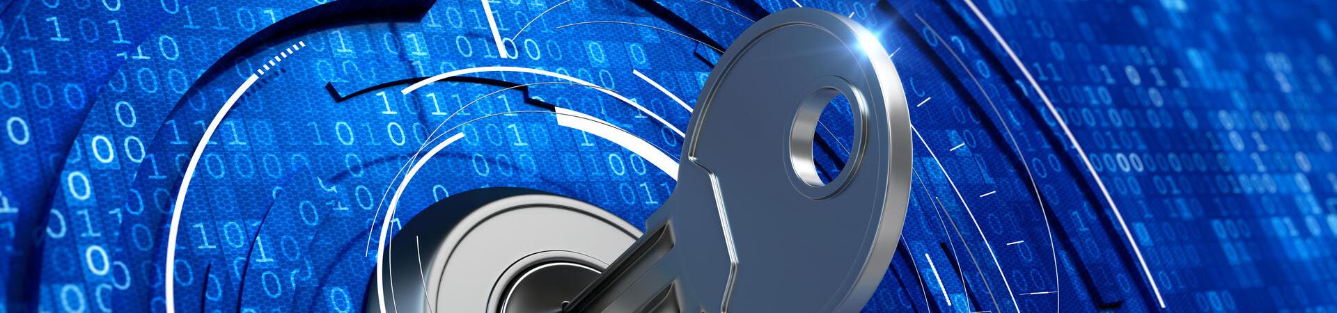 Digitaler Schlüssel in einem Schloss vor blauem Datenhintergrund als Symbol für Passkeys und passwortlose Anmeldung