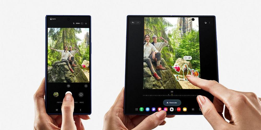 Samsung Galaxy Z Fold7 im geschlossenen und aufgeklappten Zustand mit Kamera- und Bildbearbeitungsansicht