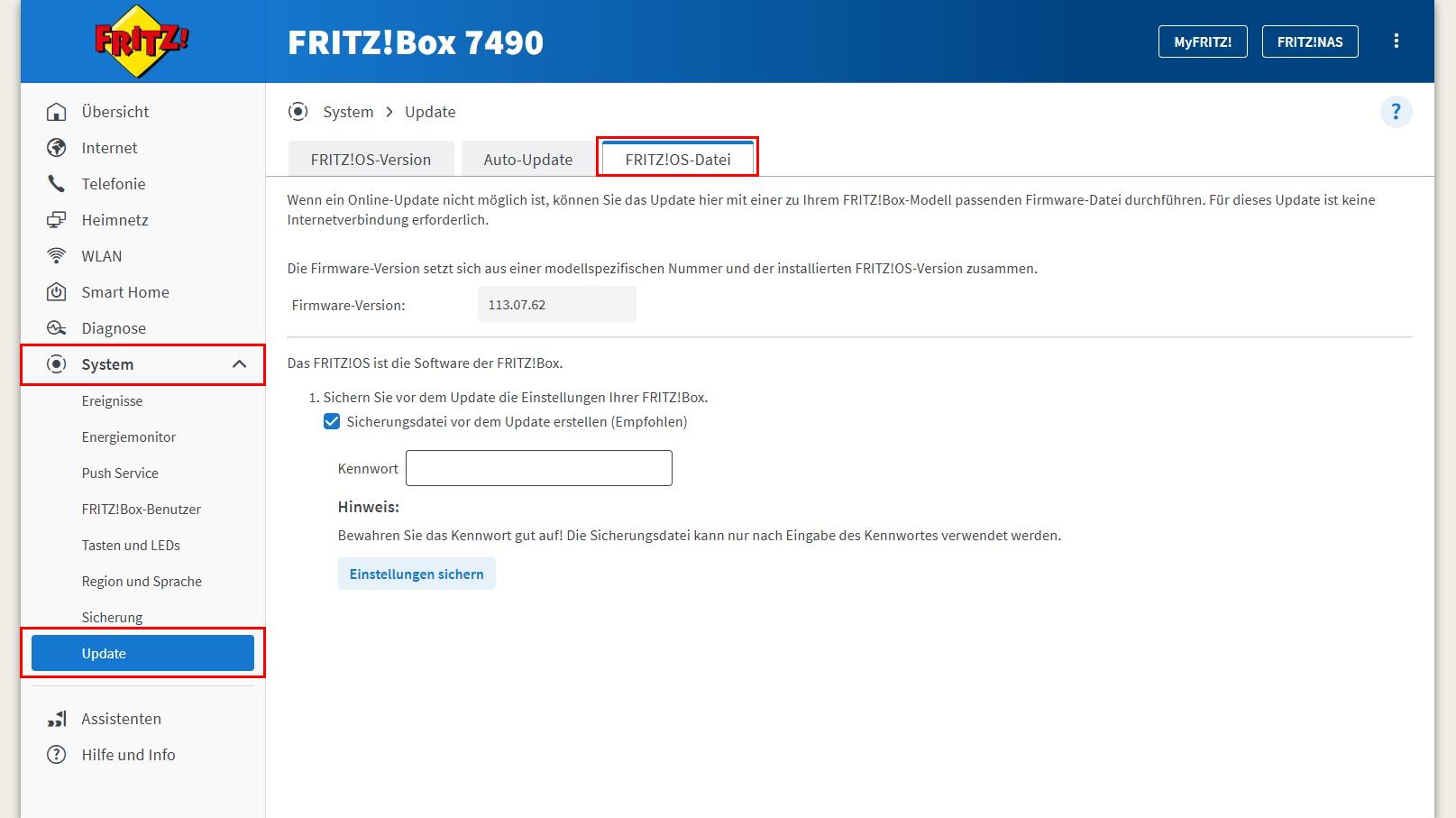 Fritzbox FritzOS updaten