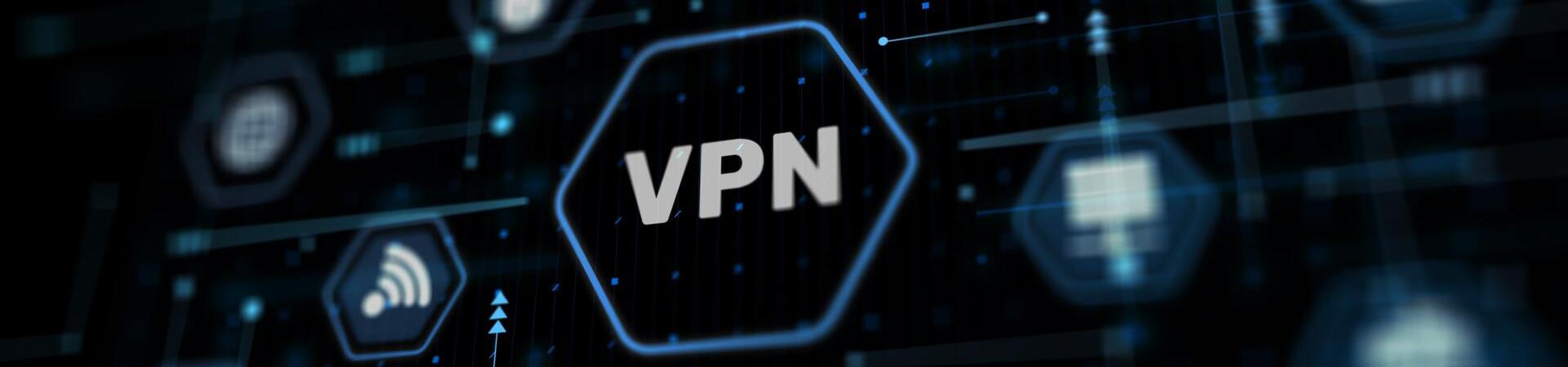 VPN-Symbol mit vernetzten Sicherheits- und Cloud-Icons auf digitalem Hintergrund