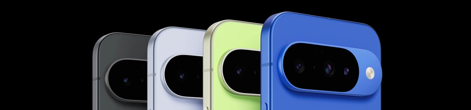 Vier Google Pixel 10 Smartphones in Schwarz, Hellblau, Grün und Blau
