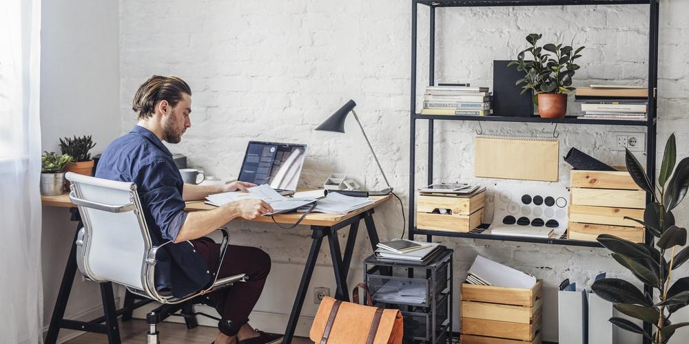 Mann arbeitet an einem Laptop in einem hellen Homeoffice mit Regalen voller Bücher, Ordner und Pflanzen