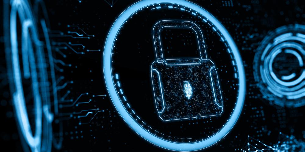 Digitales Vorhängeschloss vor einer abstrakten Netzwerkabbildung