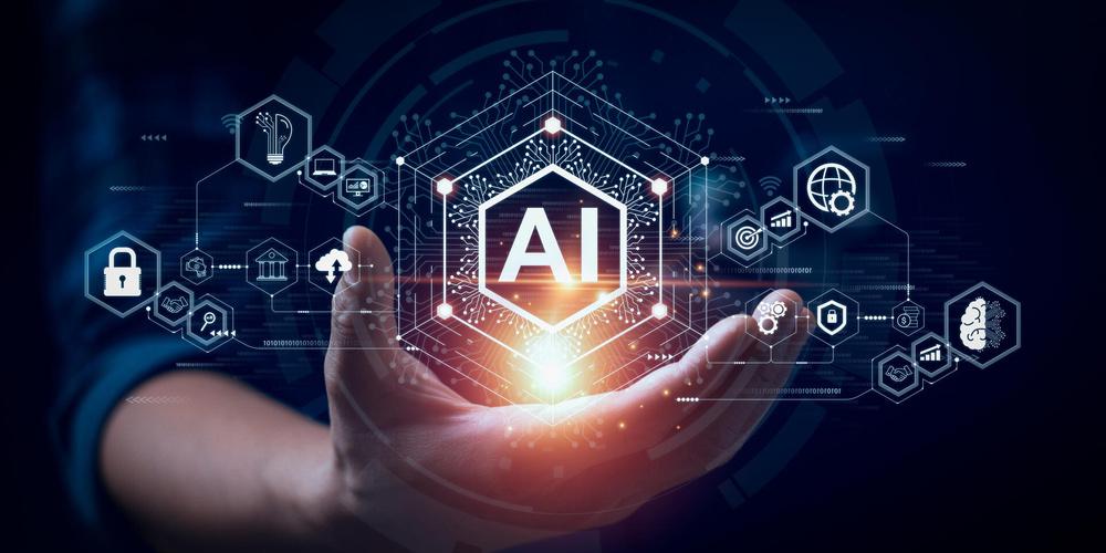 Eine Hand, die ein digitales KI-Symbol hält