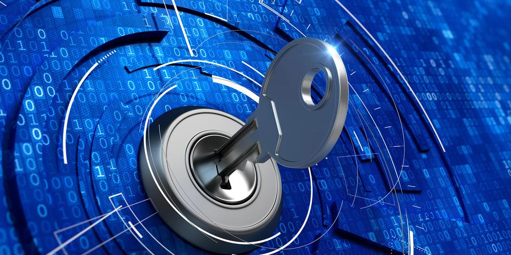 Digitaler Schlüssel in einem Schloss vor blauem Datenhintergrund als Symbol für Passkeys und passwortlose Anmeldung