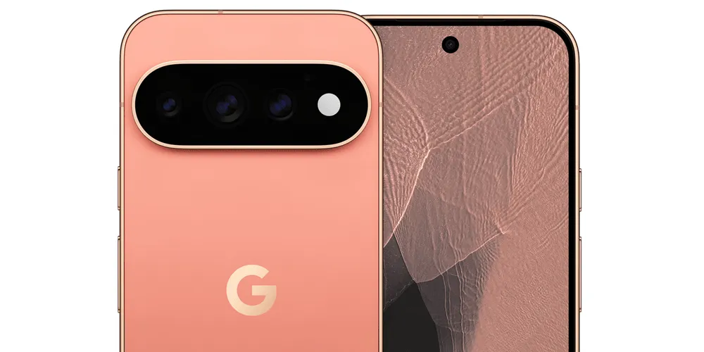 Korallfarbenes Google Pixel Smartphone von Vorder- und Rückseite