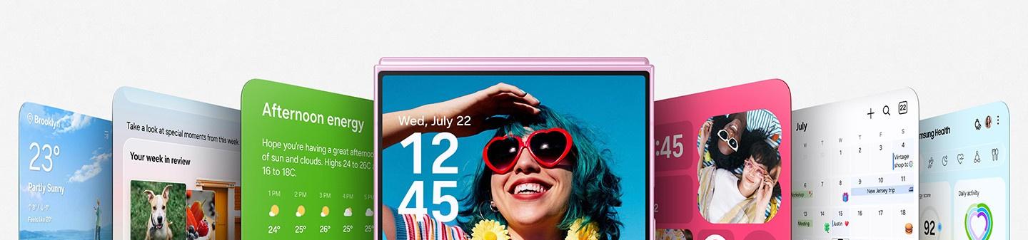 Samsung Galaxy Z Flip8 mit großem Frontdisplay, umgeben von verschiedenen Widgets und App-Ansichten