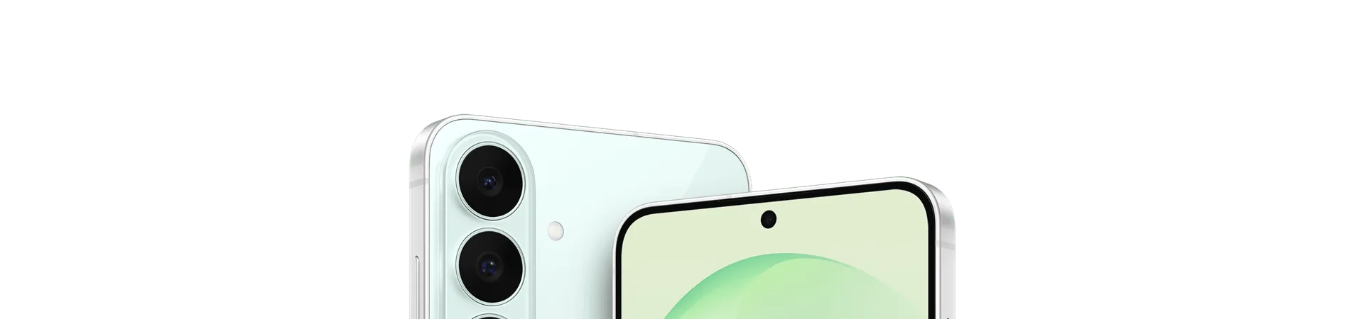 Samsung Galaxy S26 FE in heller grüner Farbe, Vorder- und Rückseite mit Triple-Kamera