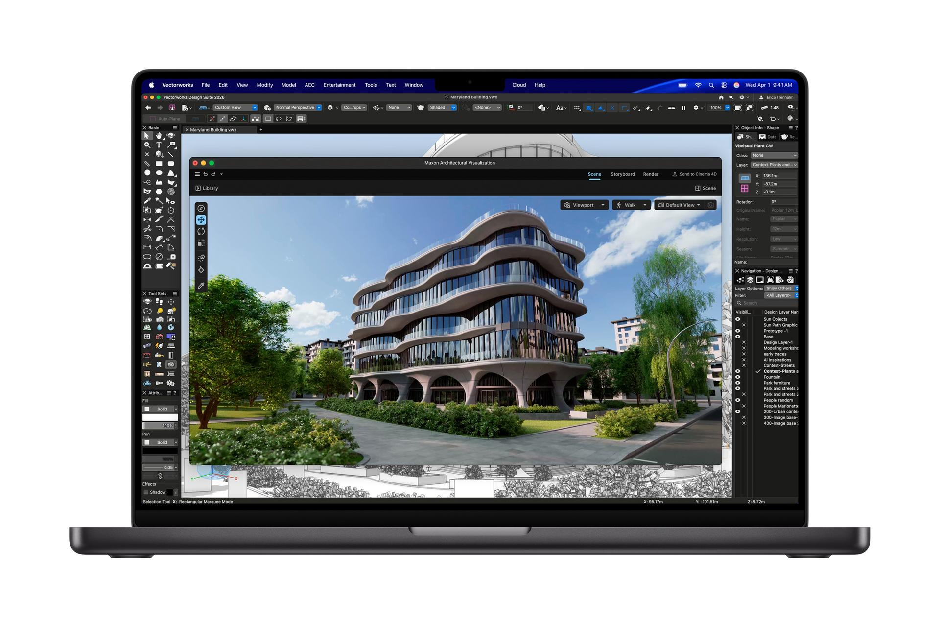 MacBook Pro mit M5 Pro oder M5 Max, auf dem eine Architektur-Visualisierung in einer 3D-Designsoftware dargestellt wird