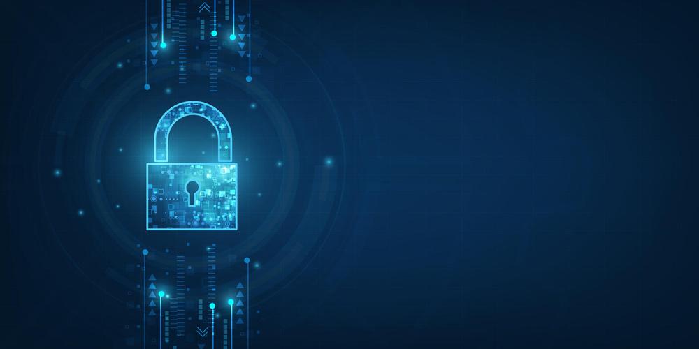 Abstrakte Darstellung eines digitalen Schlosses auf dunkelblauem Hintergrund