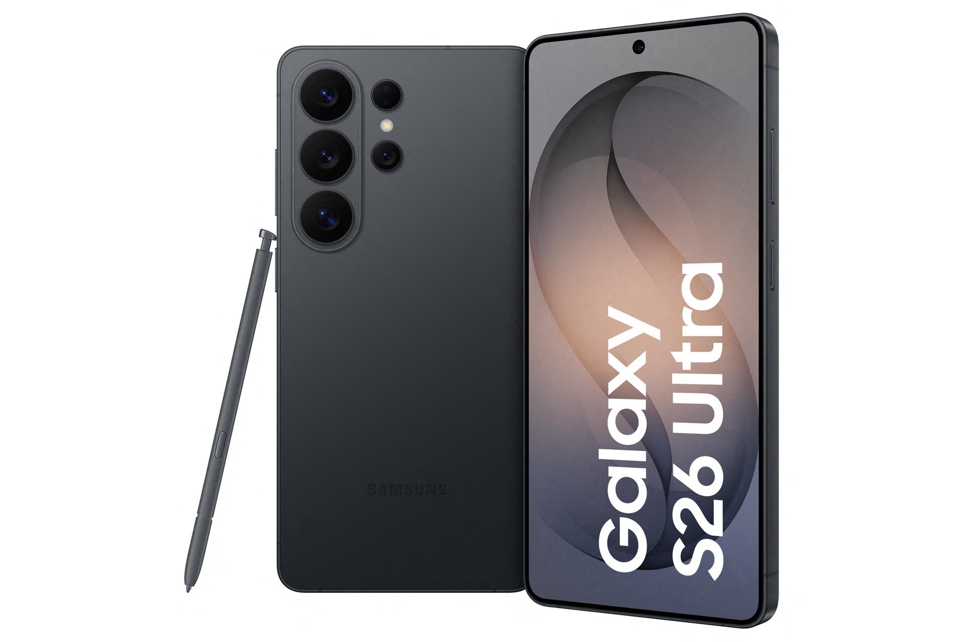 Samsung Galaxy S26 Ultra in Schwarz mit S Pen, sowie Vorder- und Rückseite
