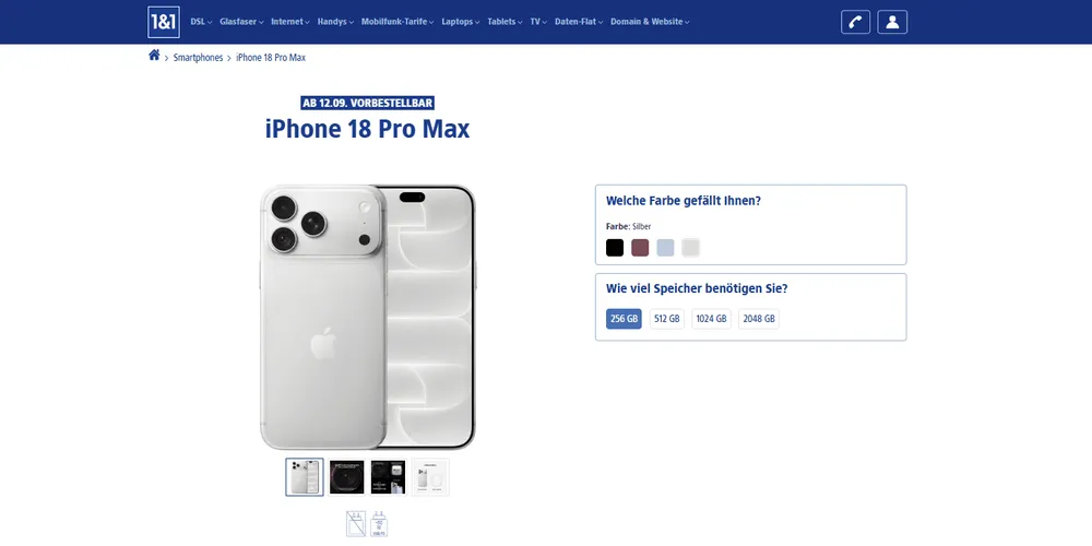 iPhone 18 Pro Max in Silber auf der 1&1 Produktseite