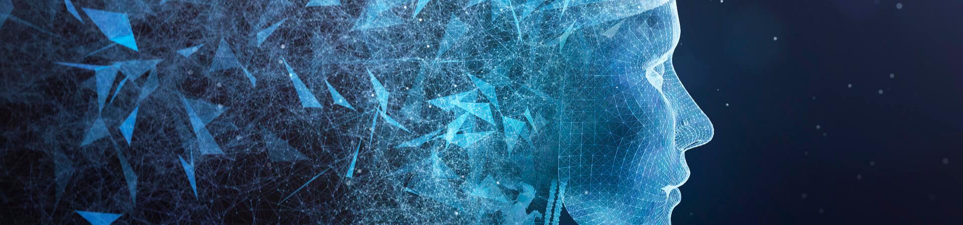 Abstraktes digitales Profilgesicht aus blauen Netzstrukturen und Polygonen