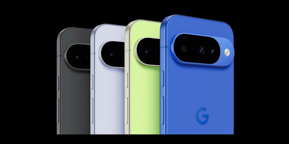 Vier Google Pixel 10 Smartphones in Schwarz, Hellblau, Grün und Blau