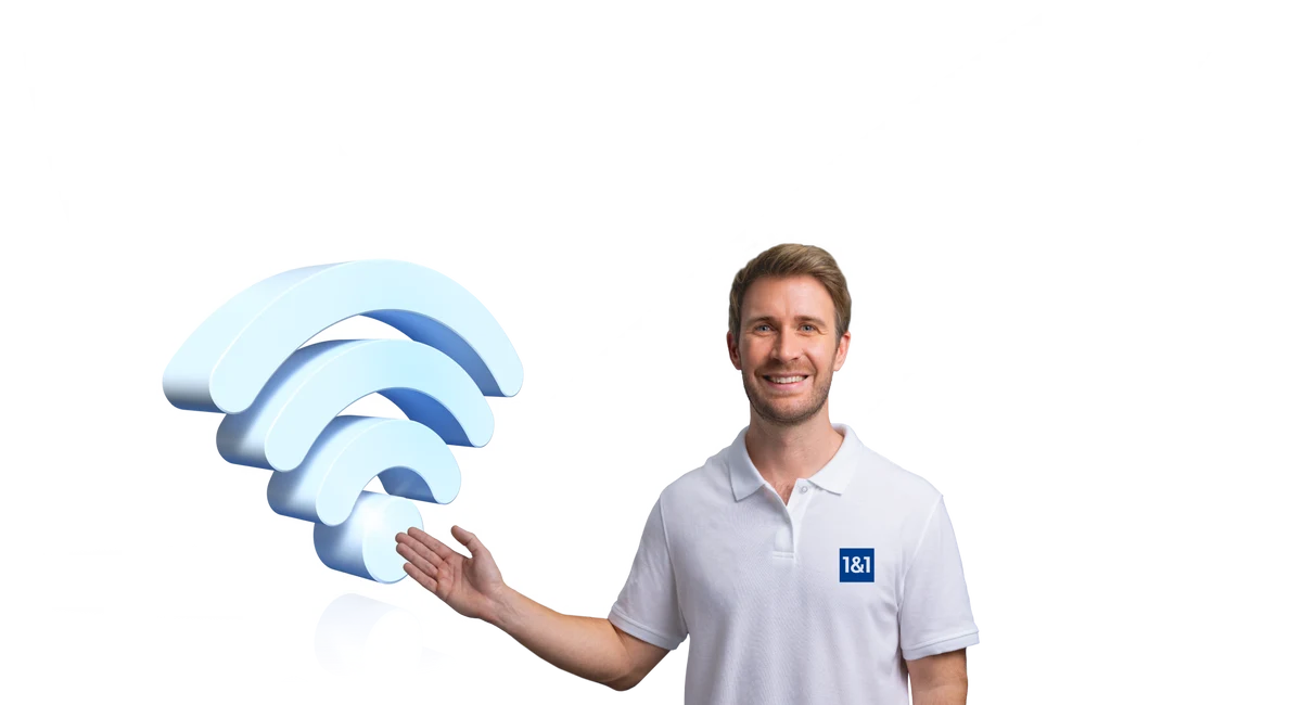 laechelnder eins und eins mitarbeiter vor einer wlan grafik