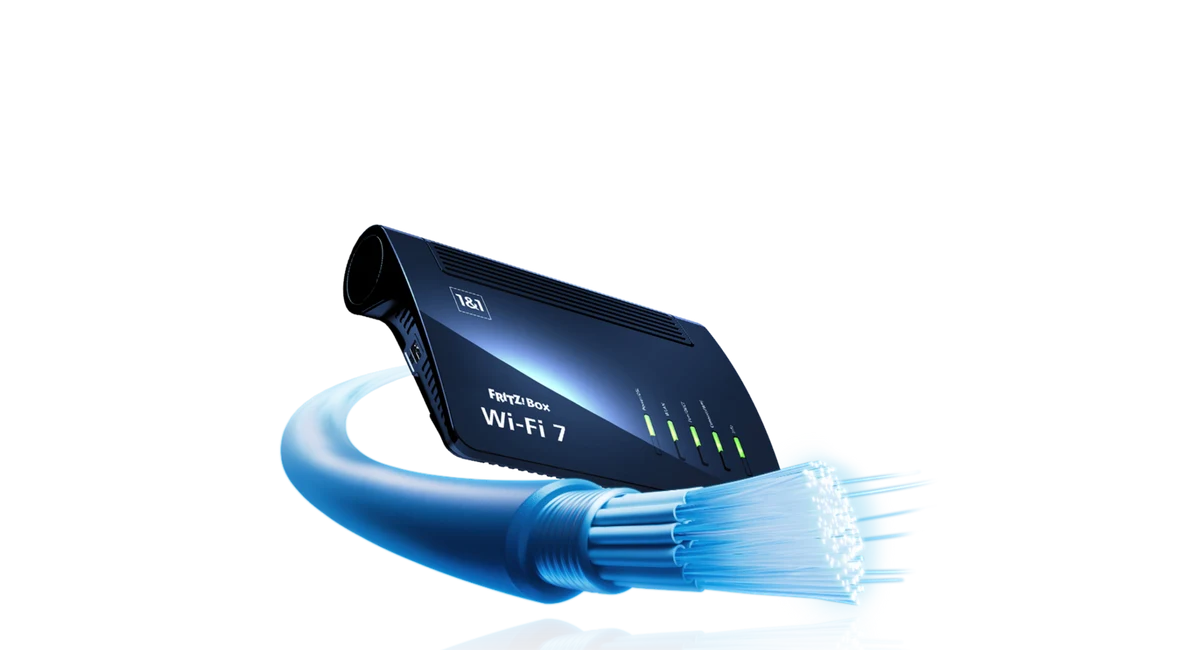 bild von einem router und glasfaserkabel