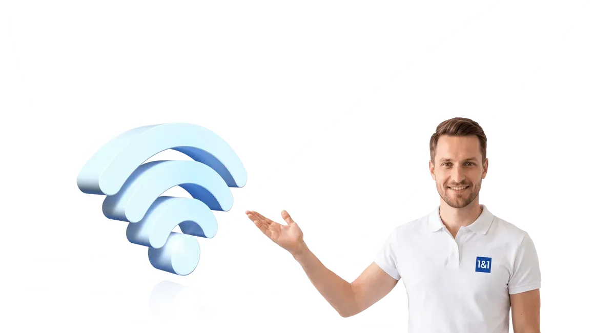 laechelnder eins und eins mitarbeiter vor einer wlan grafik