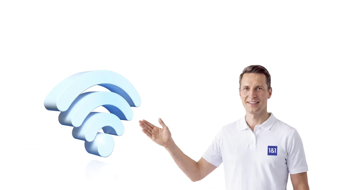 laechelnder eins und eins mitarbeiter vor einer wlan grafik