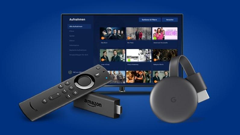 fernseher exemplarisch neben amazon fire tv stick und google chromecast